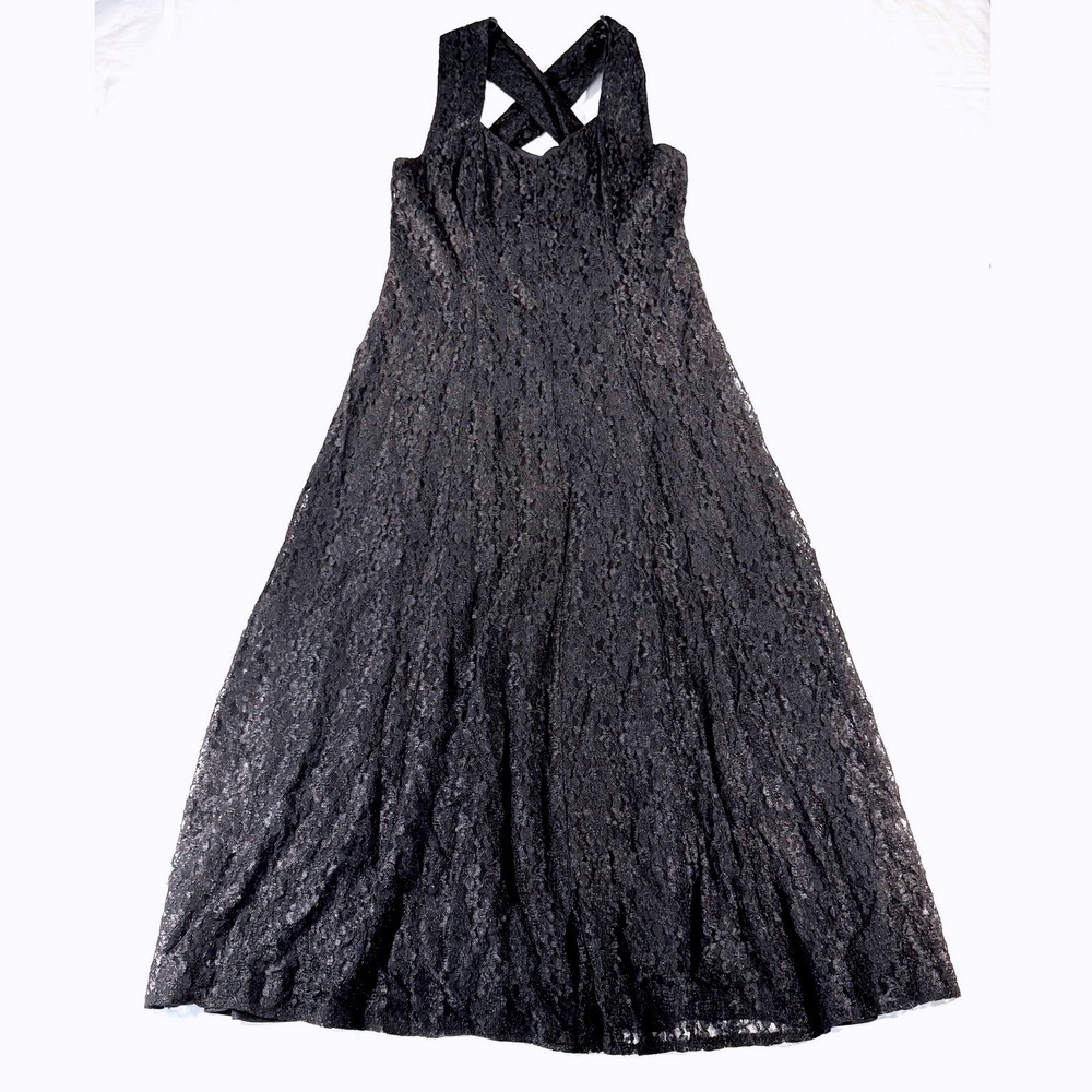 Vintage All That Jazz Black Lace Cross Back Maxi Dress Gown Size 13/14
